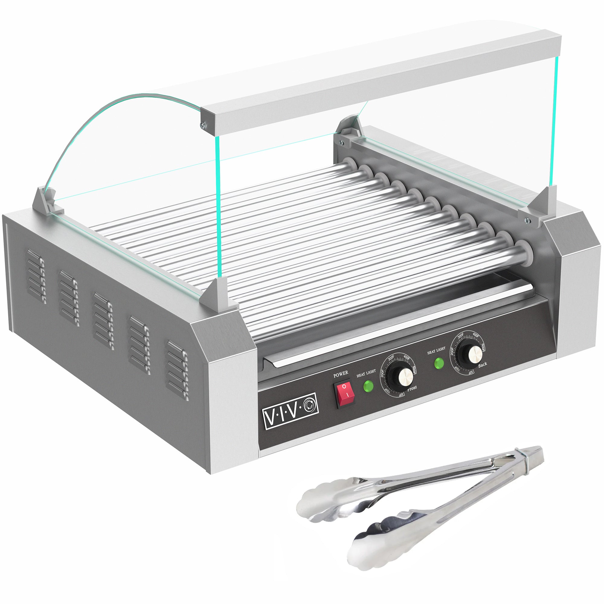 Eleven-roller hotdog machine with sanitation hood.