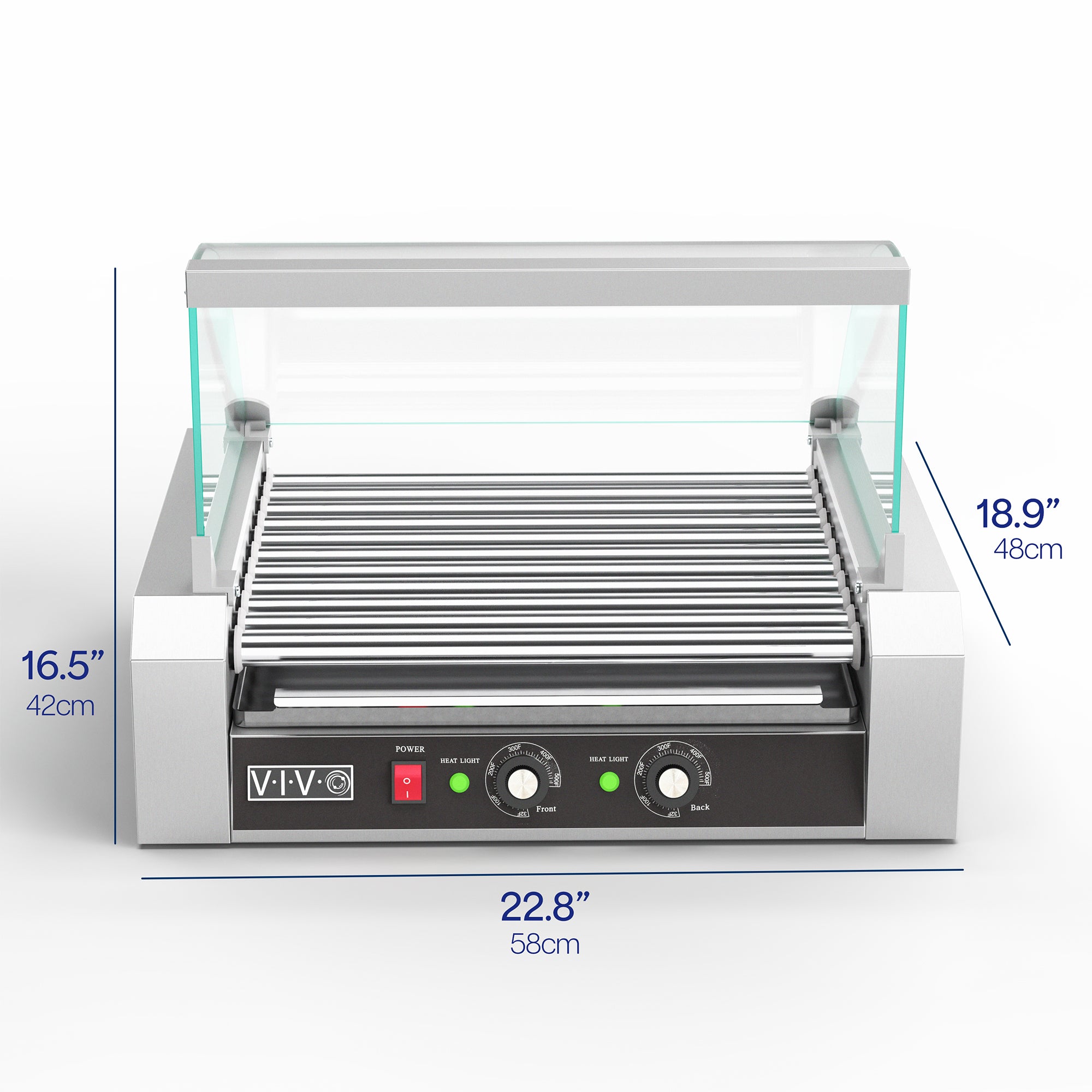 Eleven-roller hotdog machine with sanitation hood.