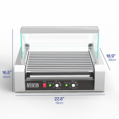 Eleven-roller hotdog machine with sanitation hood.