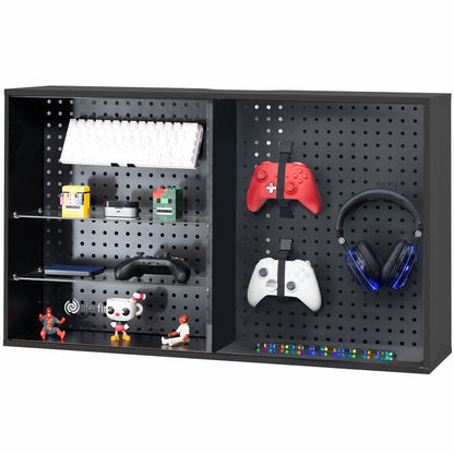 Pegboard cabinet with sliding glass doors for convenient storage and decor. Organization accessories are included and the glass shelves are height adjustable. Use as a freestanding display or wall mount to wood studs, brick, or concrete with hardware and instructions included.