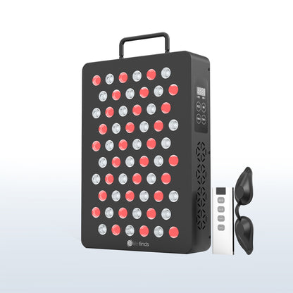 Red light therapy device with red and white LED lights on a light gray background