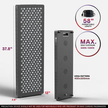 Red light therapy device and power cable length information on a white background