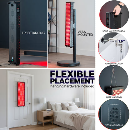 Red light therapy device with mounting options and features.