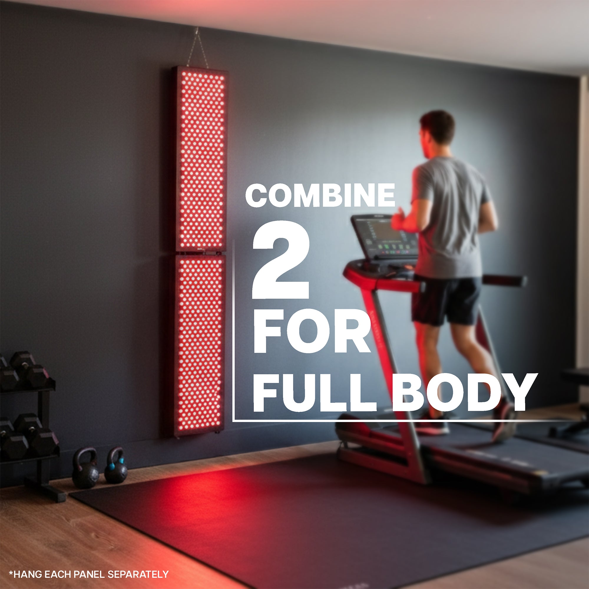 Person using a treadmill with a red light therapy device on the wall, text overlay 'Combine 2 for full body'.