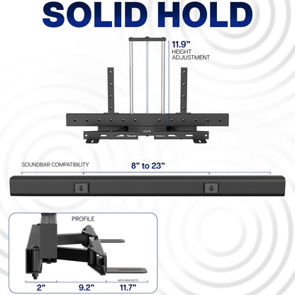 Soundbar TV Mount with height adjustment and soundbar compatibility features on a white background