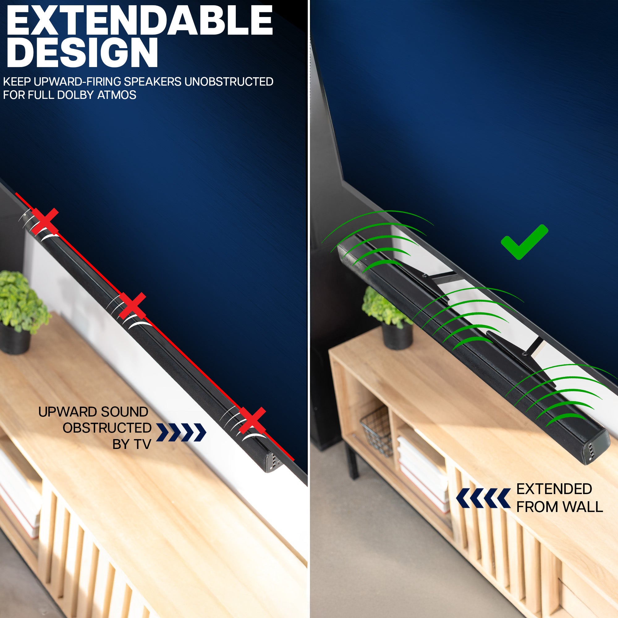 Extendable design feature for upward-firing speakers on  a Soundbar TV Mount with a TV in the background.