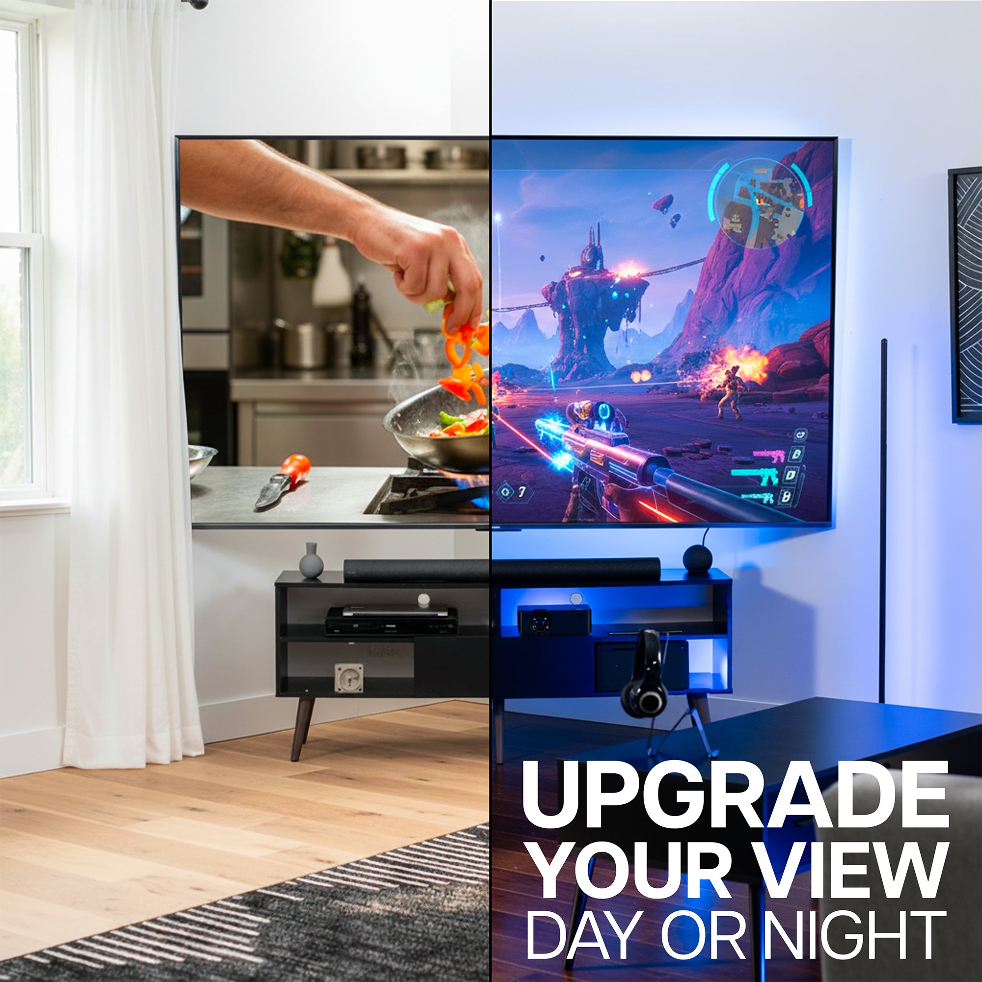 Living room with a TV mounted on a corner TV wall mount displaying a cooking scene and a gaming scene, with text 'Upgrade Your View Day or Night'.