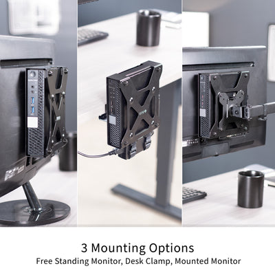 Three mounting options for the Dell Micro OptiPlex mount on a desk with a neutral background.