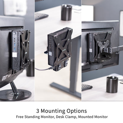 Three mounting options for the Dell Micro OptiPlex mount on a desk with a neutral background.