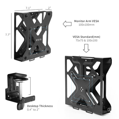 Dimensions and VESA standard details on a white background for the Mount Designed for Dell OptiPlex Micro