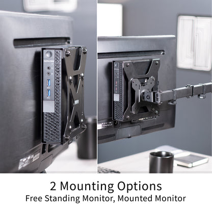 Two views of the Mount Designed for Dell OptiPlex Micro mounted, one free standing and one mounted on a monitor mount. 