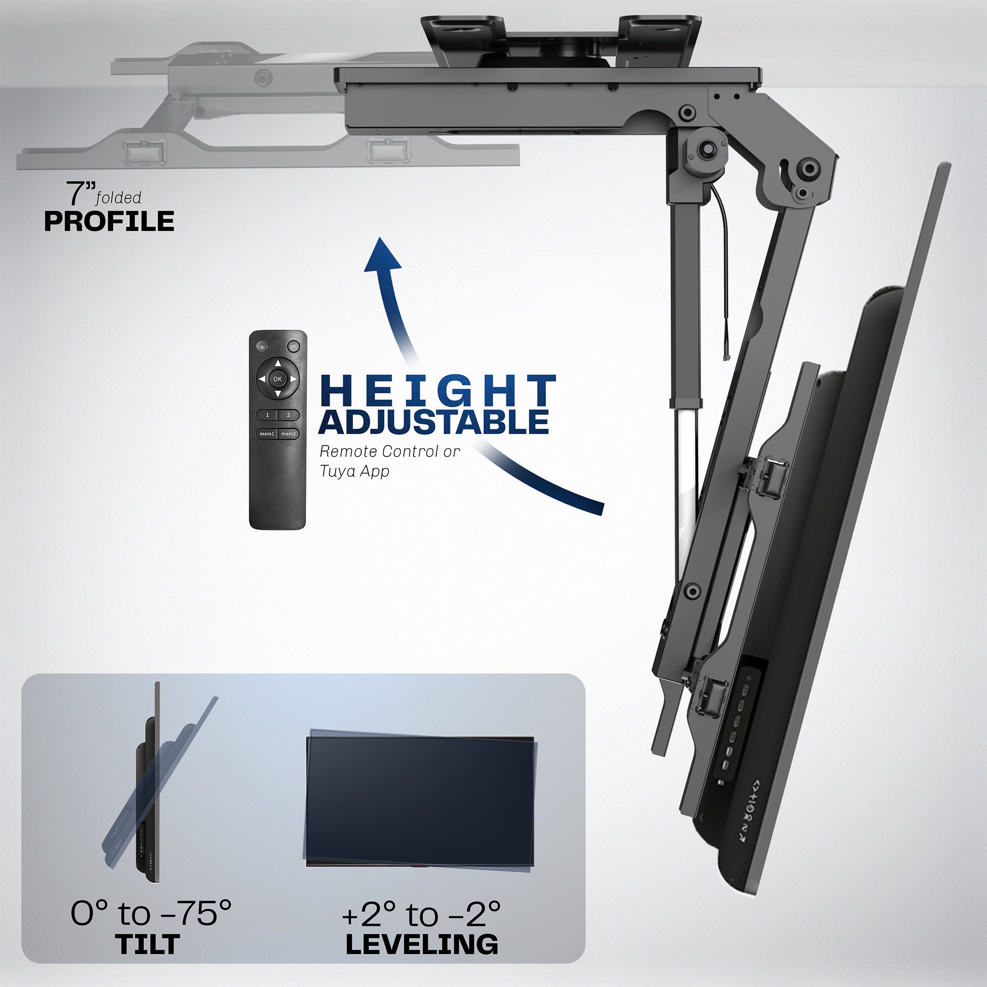 A black electric flip down/swivel ceiling TV mount with a remote control with text displaying height adjustability. 