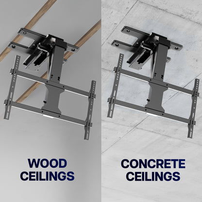 A split comparison showing a black metal ceiling mount bracket attached to a ceiling. The left side shows a wood ceiling with the mount installed, labeled 'WOOD CEILINGS.