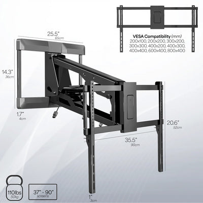 Large adjustable electric TV wall mount for screens up to 90 inches featuring swivel and remote controlled motorized height adjustment.