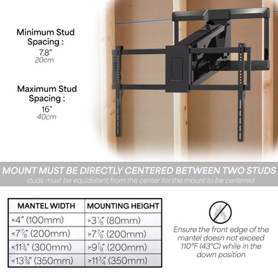 Large adjustable electric TV wall mount for screens up to 90 inches featuring swivel and remote controlled motorized height adjustment.