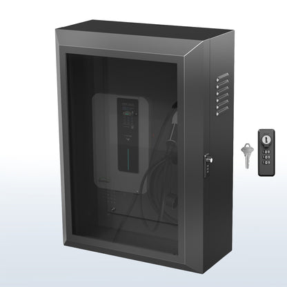 Black wall-mounted water-resistant EV charger box with a locking glass door.