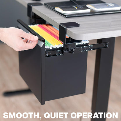 Black file drawer being pulled out from a desk with colorful files inside, on a blurred office background.