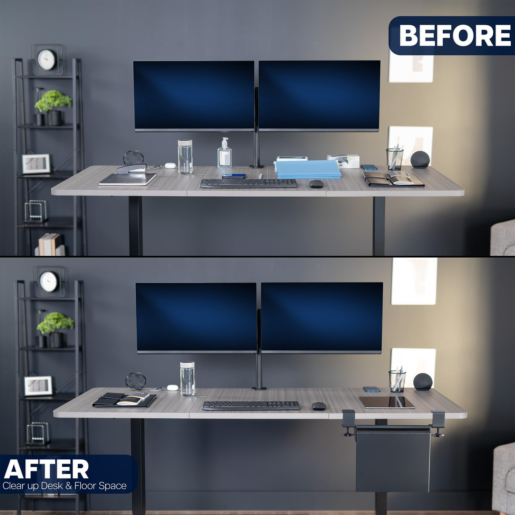 Before and after comparison of a desk setup with computer monitors and office items showing benefit of an under desk filing cabinet.