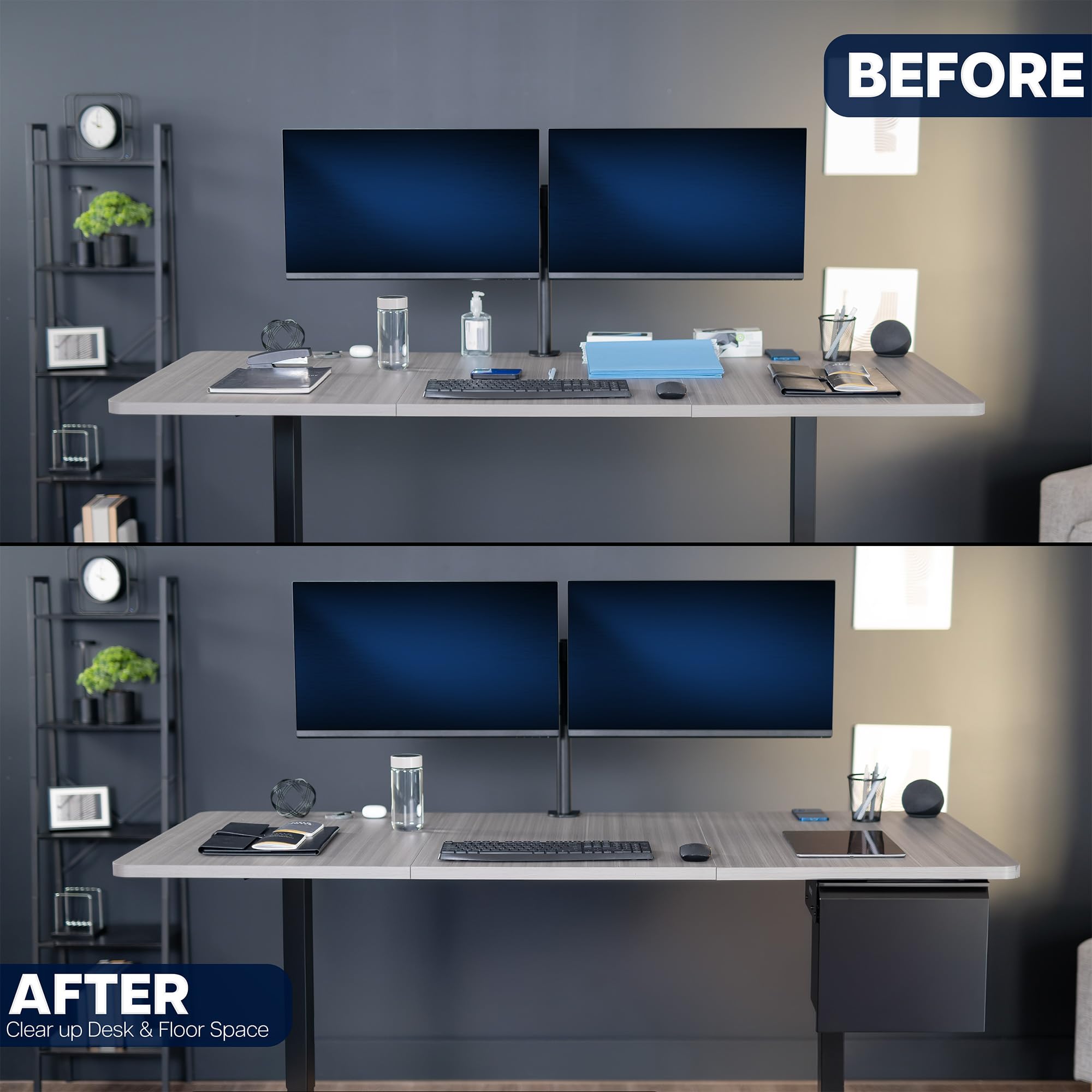 Before and after comparison of a desk setup with desk accessories showing benefit of an under desk filing cabinet to save desk and floor space.