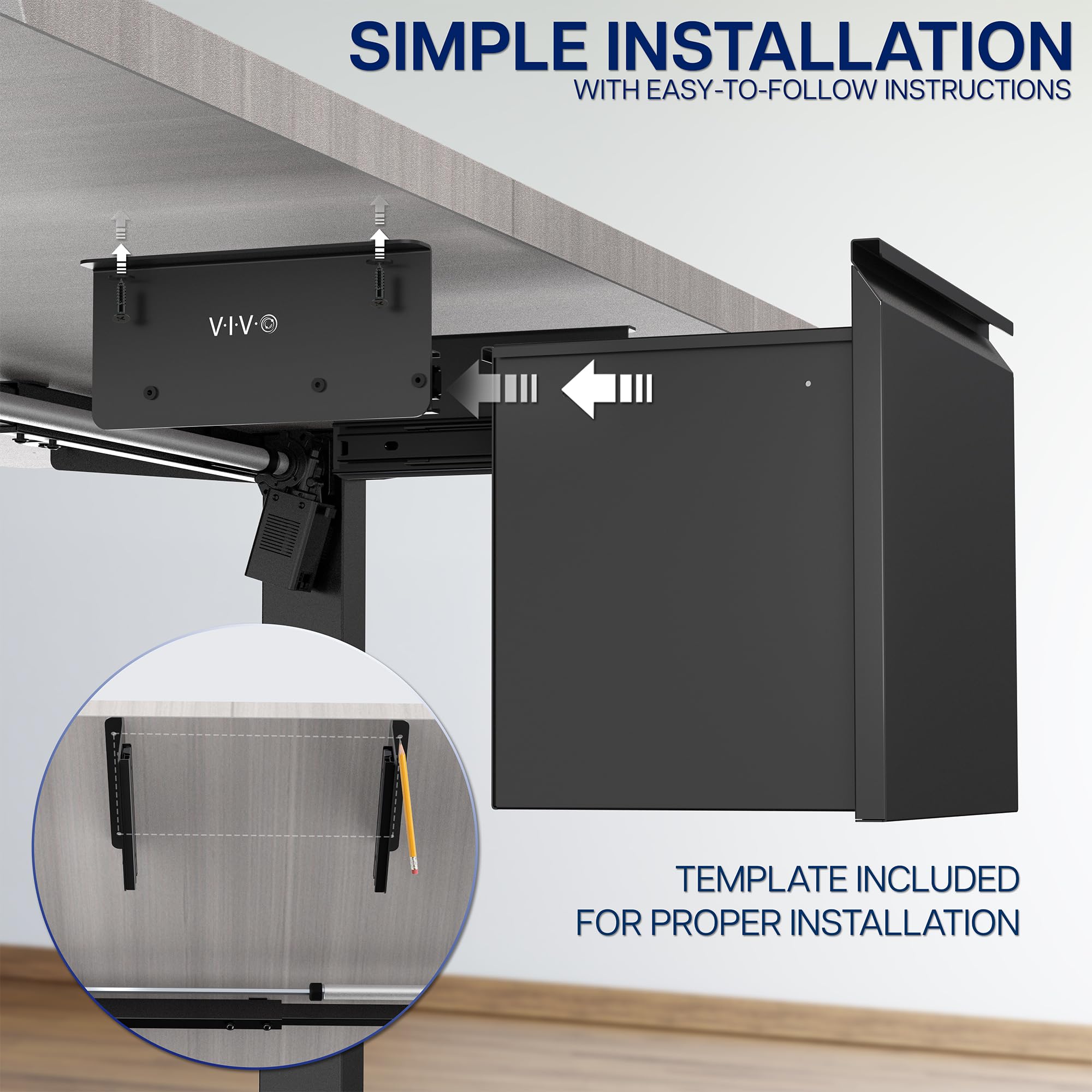 Under desk filing cabinet with text about simple installation.