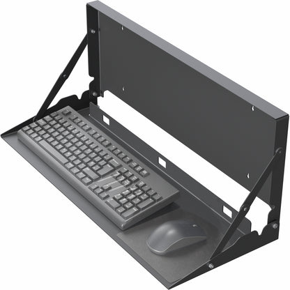 Wall-mounted flip down keyboard tray platform. Low profile design folds up and out of the way when not in use. Velcro included to keep keyboard in place. Fits a standard-sized keyboard and mouse (mouse pad included). Mount to drywall, wood studs, brick, or concrete.