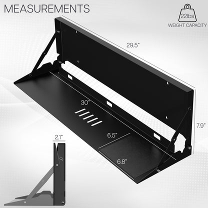 Large black wall-mounted flip down keyboard tray platform. Low profile design folds up and out of the way when not in use. Velcro included to keep keyboard in place. Fits a standard-sized keyboard and mouse (mouse pad included). Mount to drywall, wood studs, brick, or concrete.