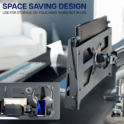 VIVO Wall and VESA Laptop Holder Mounted to Monitor Arm in a Closed Position to Demonstrate Space Saving