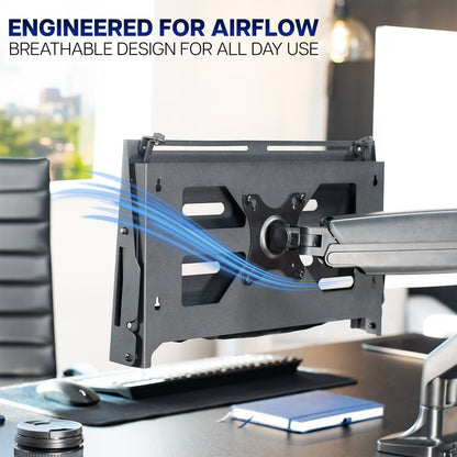 VIVO mount attached to monitor arm in upright position demonstrating the airflow capabilities and engineering behind the design