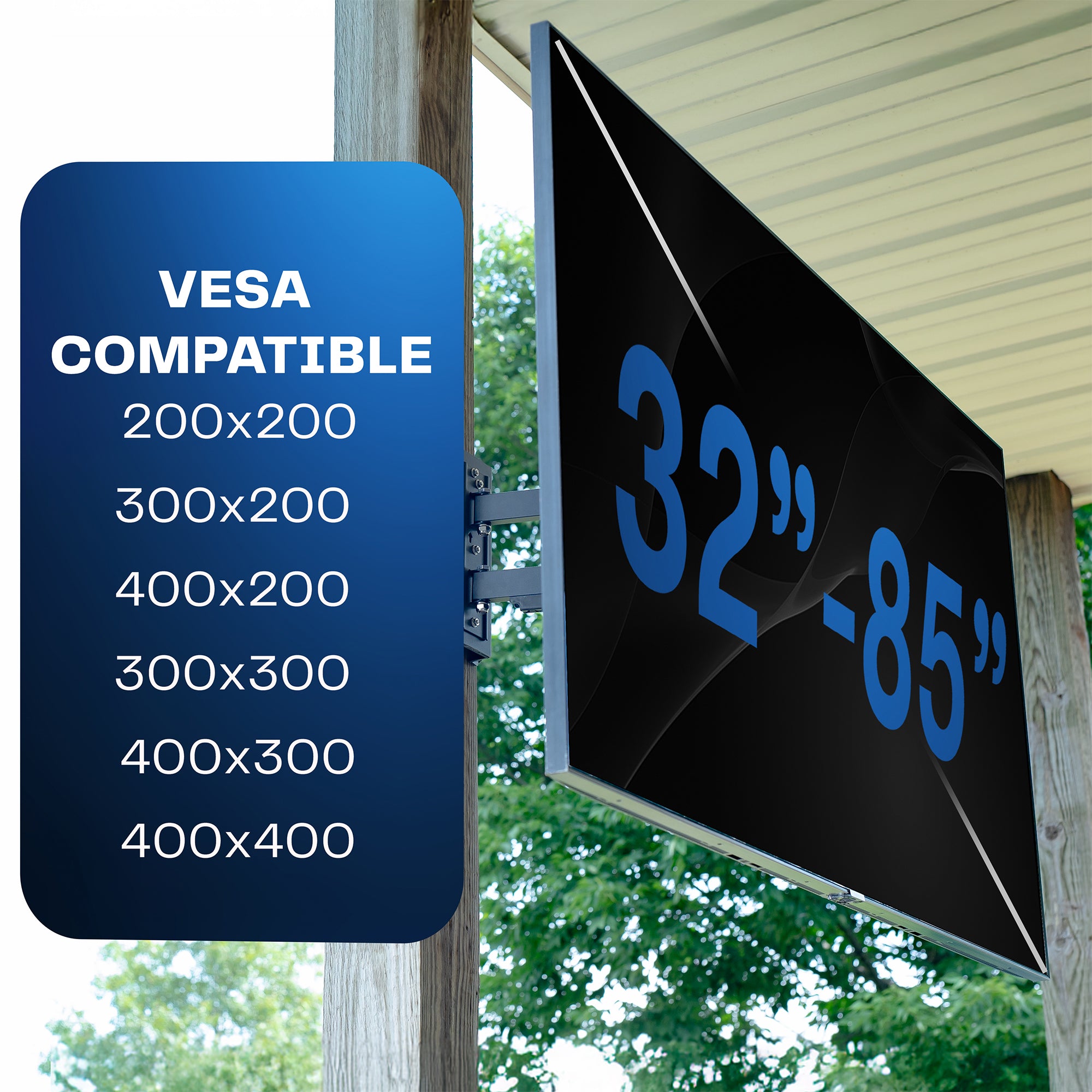 VESA compatible mounting panel with size options. TV mounted to post. 