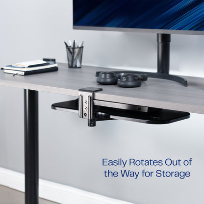 Single Clamp Rotating Keyboard Tray with easy hideaway storage highlighted