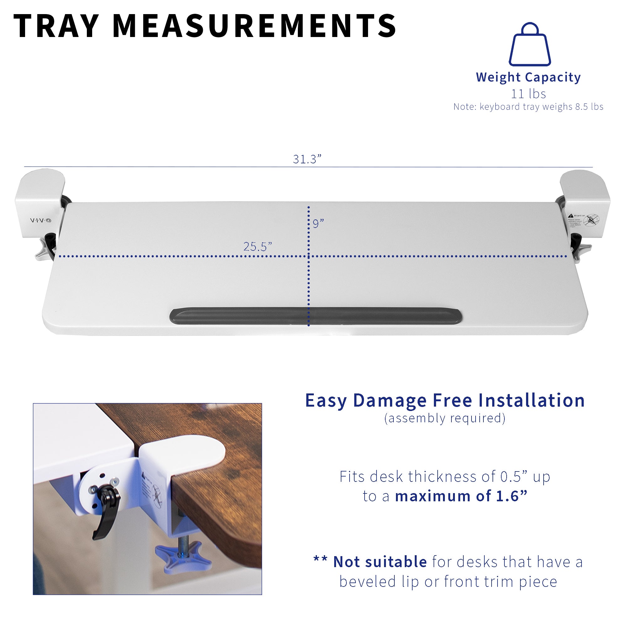 Measurement chart for a keyboard tray with specifications and installation information.