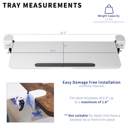 Measurement chart for a keyboard tray with specifications and installation information.