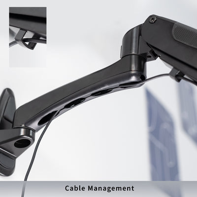 Sturdy steel pneumatic height adjustable keyboard tray wall mount with integrated cable management.
