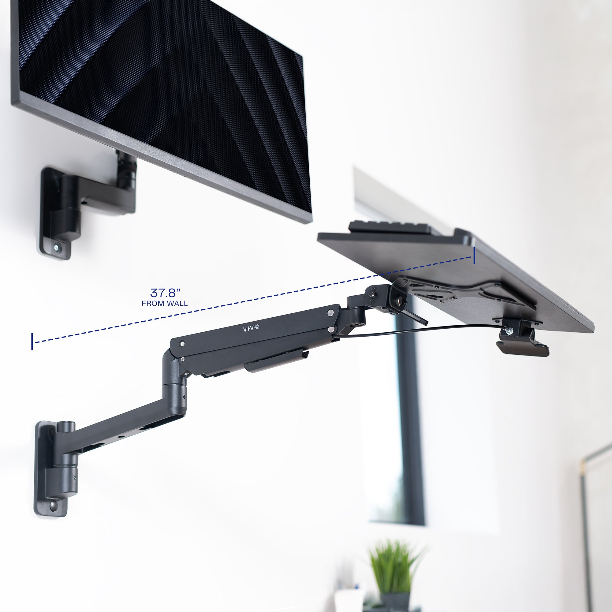 Wall-mounted monitor and  keyboard tray holder with adjustable arm on a white background