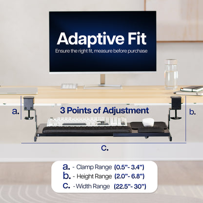 Adjustment ranges for Clamp-on Height & Width Adjustable Keyboard Tray