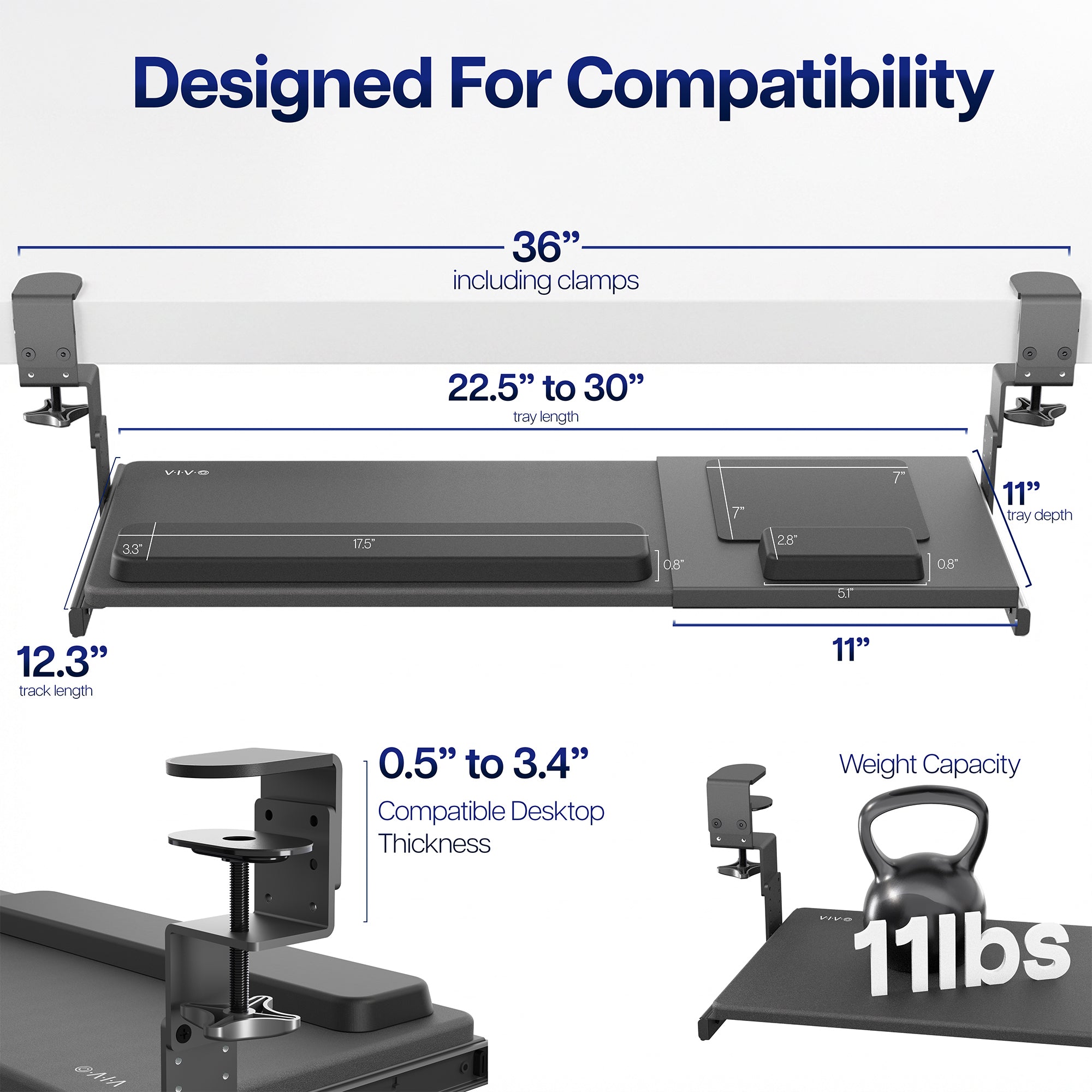 Compatibility dimensions and specifications of Clamp-on Height & Width Adjustable Keyboard Tray