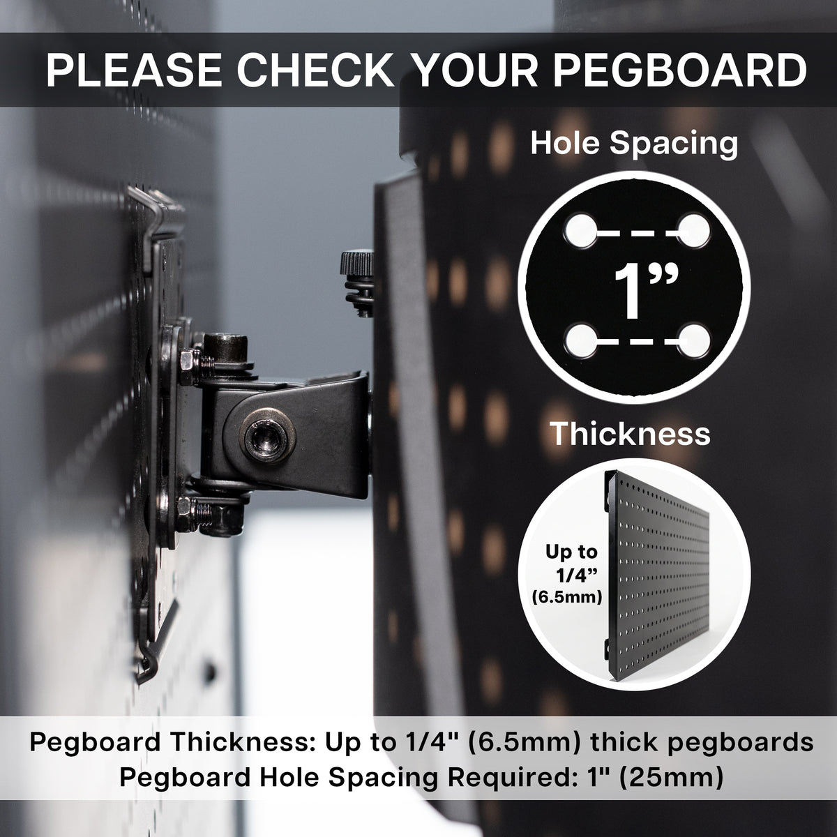Pegboard mounted single monitor mount with tilt, swivel, and rotation shown on a pegboard with text about pegboard compatibility.
