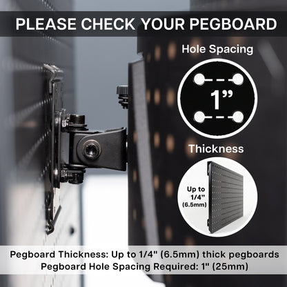 Pegboard mounted single monitor mount with tilt, swivel, and rotation shown on a pegboard with text about pegboard compatibility.