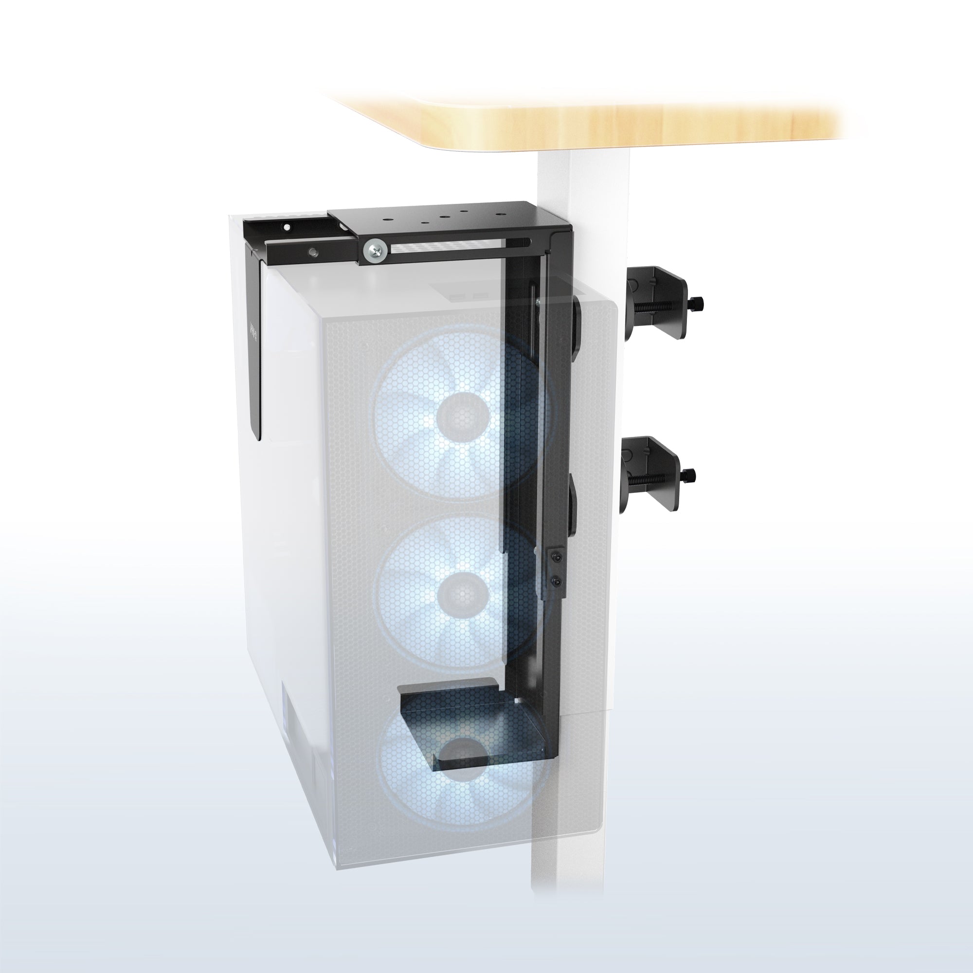 Clamp-on PC mount secures to desk legs for convenient placement.