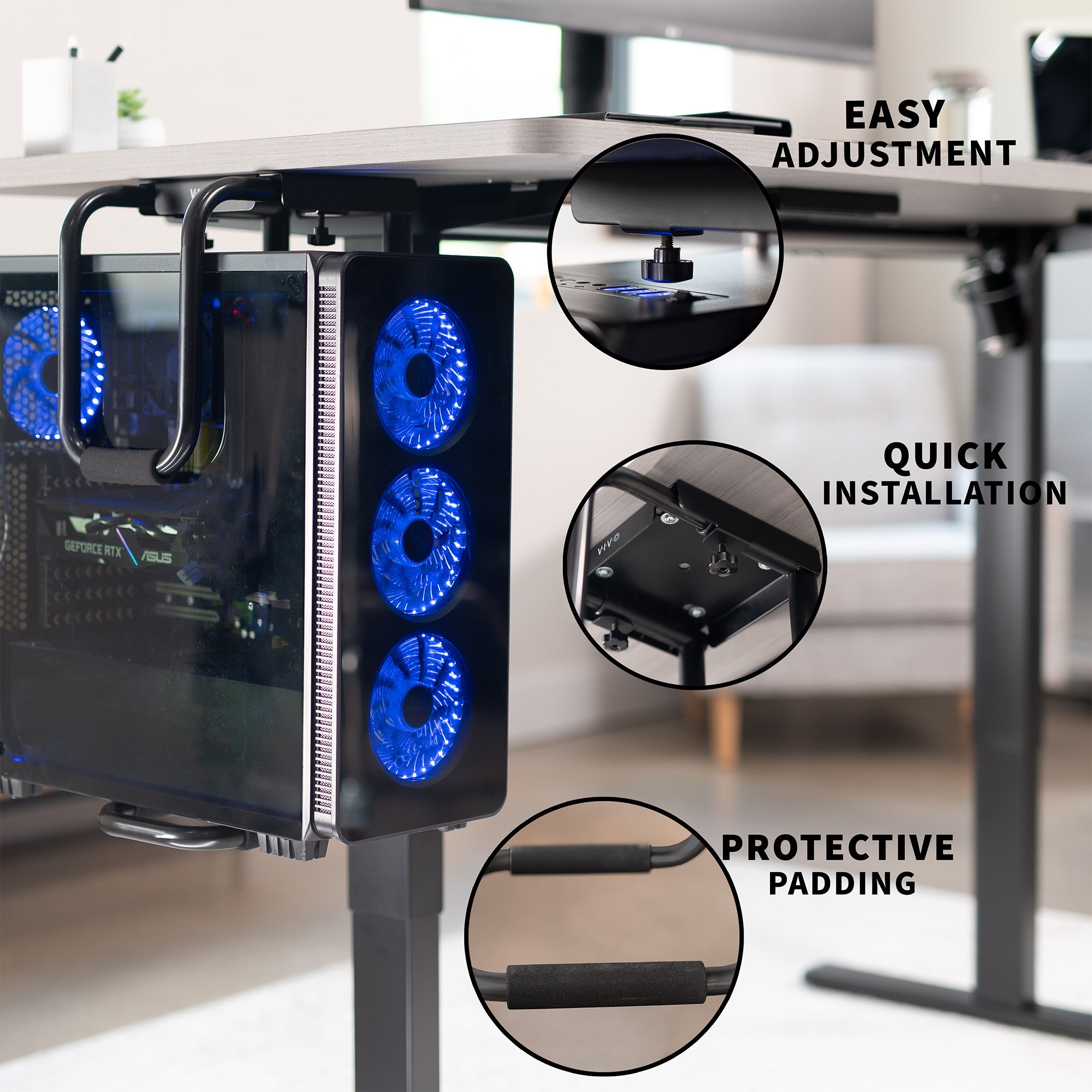Sturdy under desk PC mount with adjustable width and height and protective padding included.