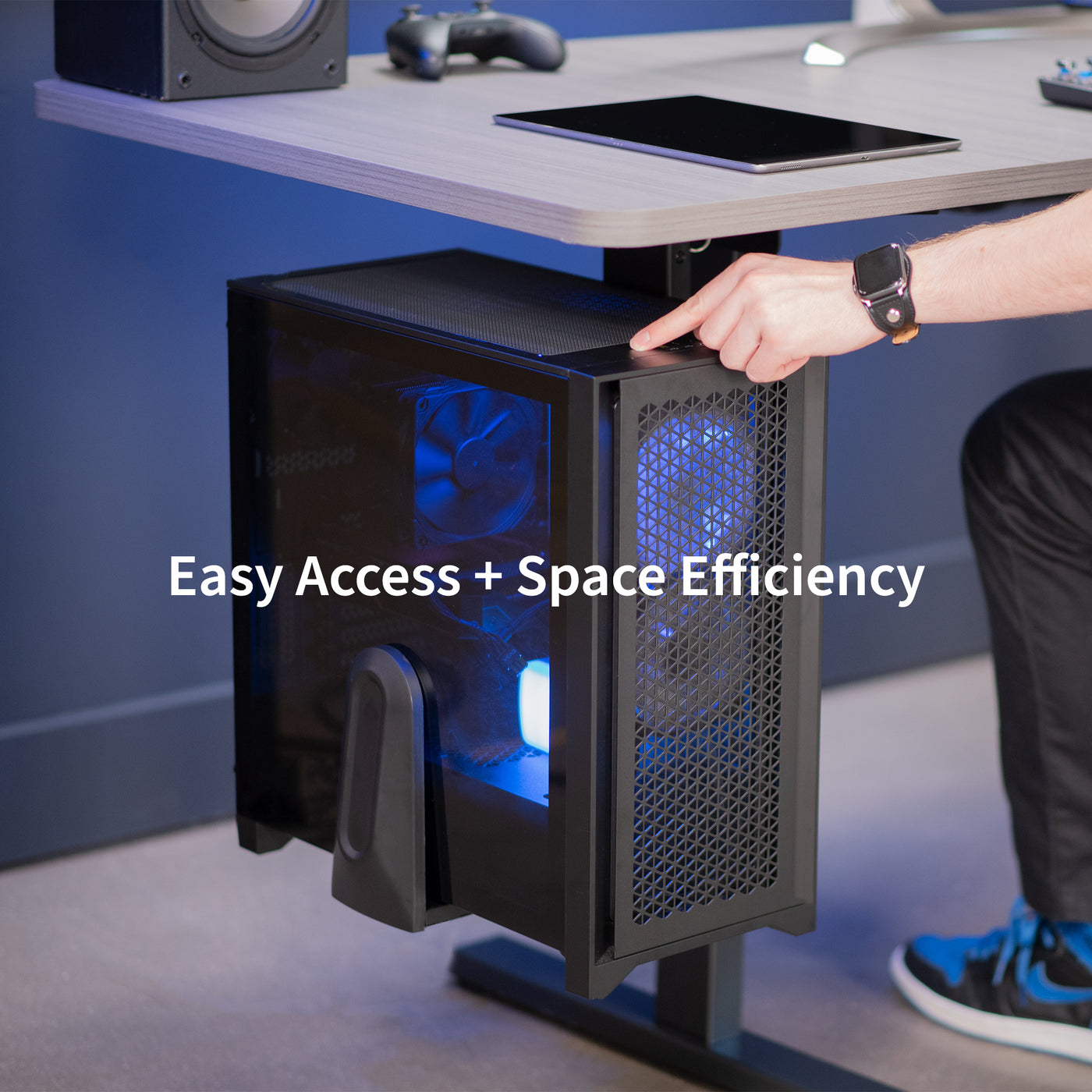 Large heavy-duty adjustable space saving under desk PC mount.