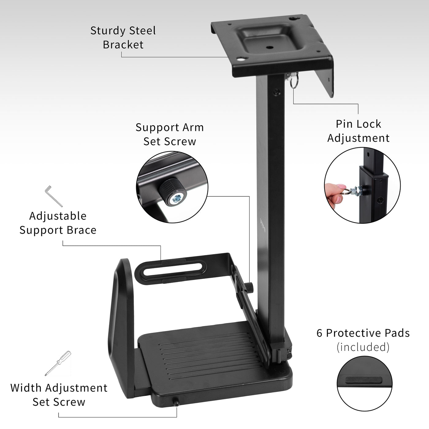 Large heavy-duty adjustable space saving under desk PC mount.