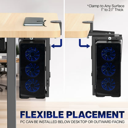 Computer case with blue fans attached to a desk, showing flexible placement options - below the desktop or outward facing. 