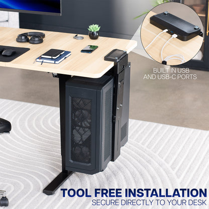 Desk with PC mount showing the built-in USB ports and ease of installation. 