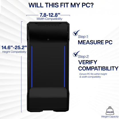 Measurement guide for product compatibility with a PC, showing width and height compatibility ranges.