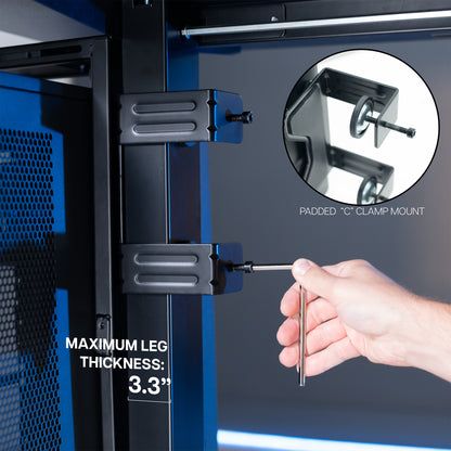 Person using an allen wrench to adjust a padded clamp bracket on an under desk PC mount on a desk leg frame.