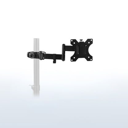 A black adjustable wall-mount arm with a VESA-style bracket, shown attached to a white pole against a clean white background.