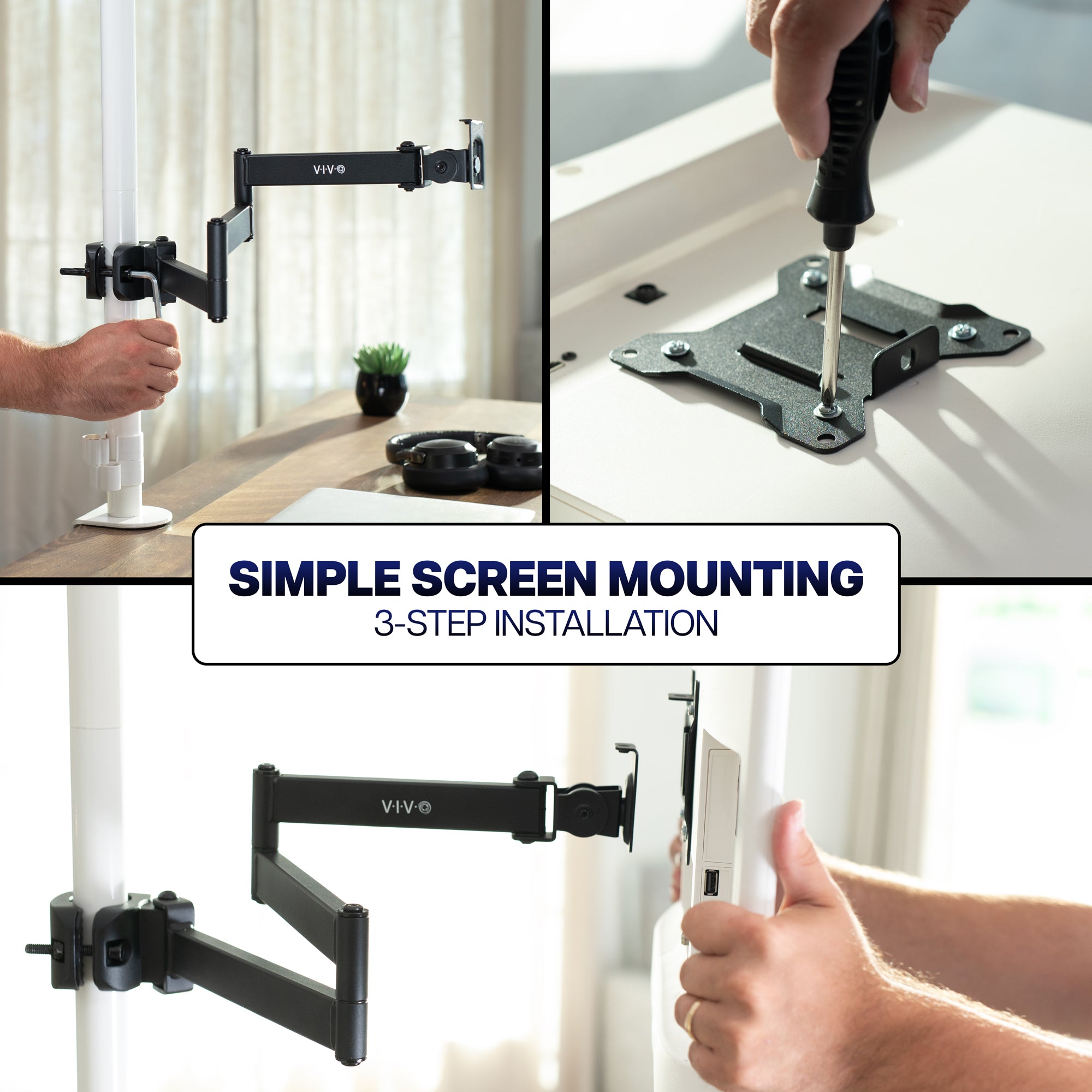 Long arm VESA monitor mount with pole clamp for secure attachment and adjustable screen placement