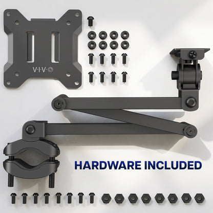 Long arm VESA monitor pole mount with mounting plate, pole clamp, and included installation hardware