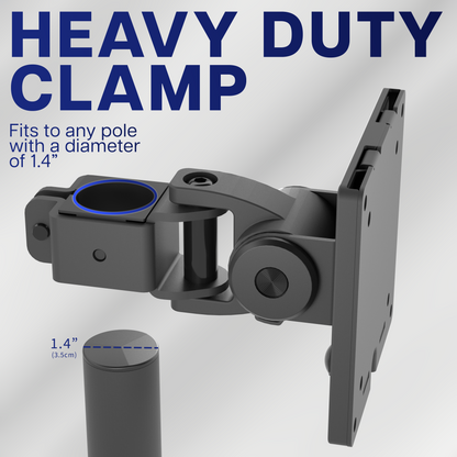 Pole mounted monitor bracket for ultrawide or standard screens with a quick-release bracket and tilt, swivel, and rotation.